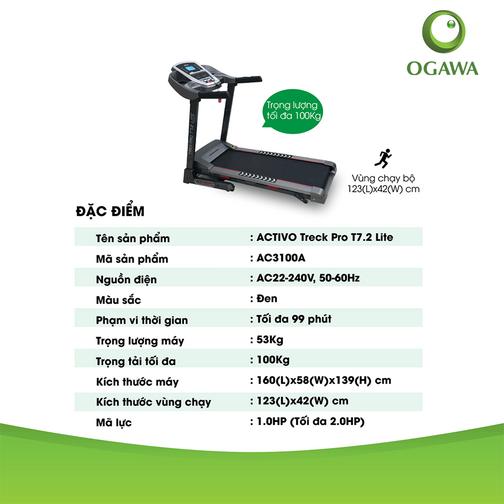 Máy chạy bộ Trek Pro T7.2 Lite OGAWA (AC 3100A)  2. Thương hiệu: OGAWA (Thương hiệu từ Malaysia)