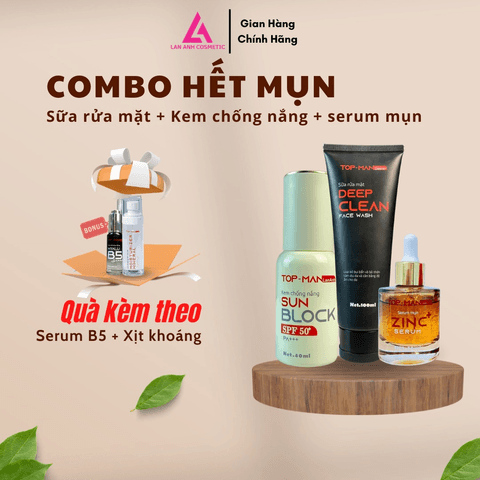 COMBO HẾT MỤN SÁNG DA - SERUM TRỊ MỤN, SỮA RỬA MẶT, KEM CHỐNG NẮNG - TOPMAN LAN ANH