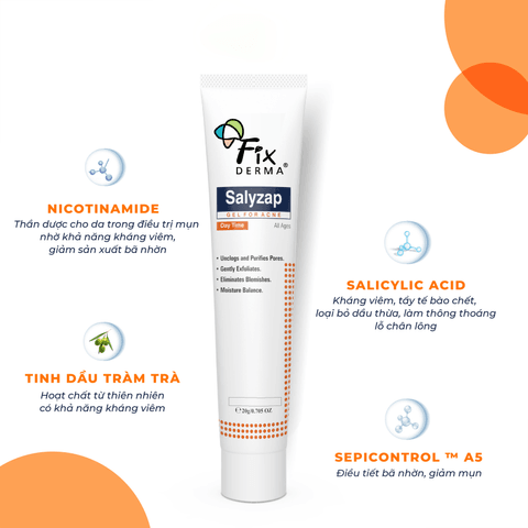GEL GIÚP TRỊ MỤN, KHÁNG KHUẨN, KIỂM SOÁT DẦU NHỜN BAN NGÀY SALYZAP GEL FOR ACNE DAY TIME-FIXDERMA TUÝP 20G