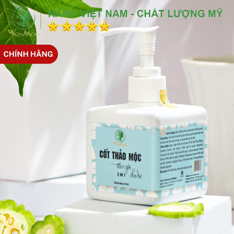 CỐT THẢO MỘC TẮM VÀ GỘI CHO BÉ, CHỐNG RÔM SẢY, DƯỠNG DA VÀ TÓC MỀM MẠI, THƠM THO WONMOM 250ML