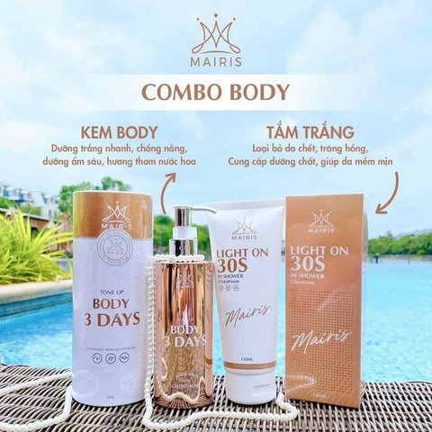 COMBO TẮM Ủ TRẮNG 30S LIGHT ON VÀ BODY TRUYỀN TRẮNG 3 DAYS MAIRIS - TẨY TẾ BÀO CHẾT, DƯỠNG TRẮNG MỊN, CHỐNG NẮNG- MAIRIS