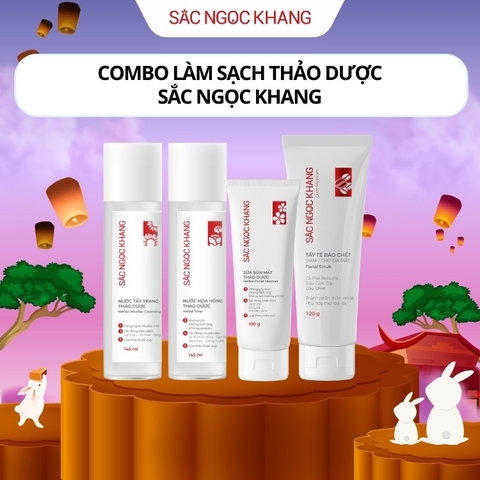 BỘ LÀM SẠCH DA TỪ THẢO DƯỢC (NƯỚC TẨY TRANG 145 + SRM 100 + NƯỚC HOA HỒNG 145 + TẨY TẾ BÀO CHẾT DA MẶT 120G) - SẮC NGỌC KHANG