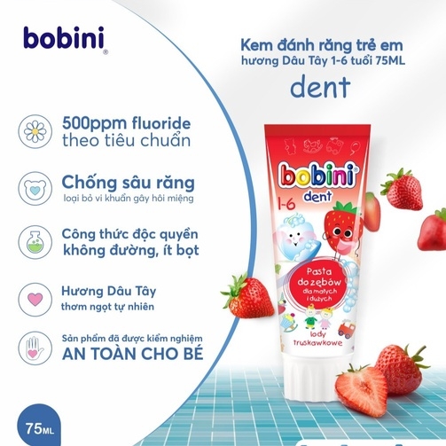 KEM ĐÁNH RĂNG TRẺ EM HƯƠNG KEM DÂU 1-6 TUỔI 75ML- BOBINI
