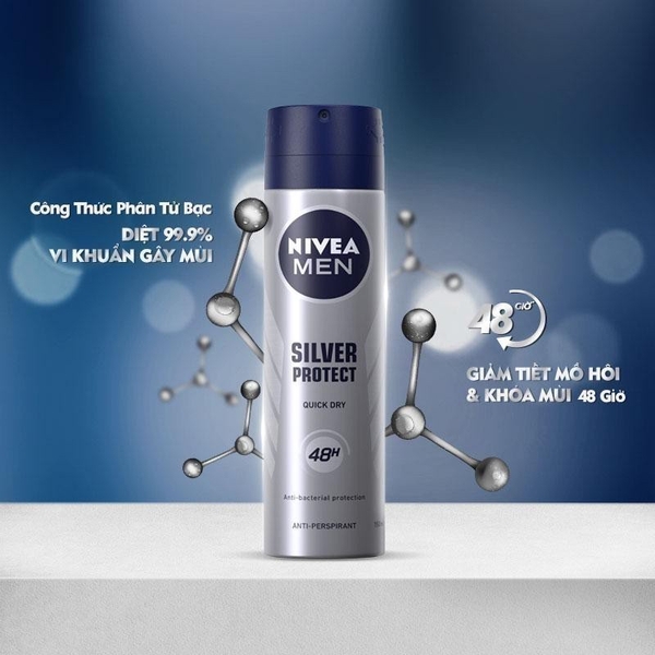 Xịt Ngăn Mùi NIVEA MEN Silver Protect Phân Tử Bạc Ngăn Khuẩn Gây Mùi Vượt Trội (150 ml) - 82959