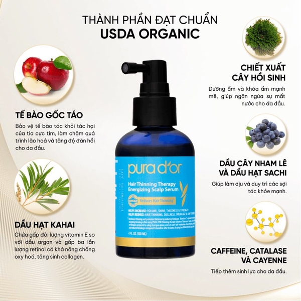 Tinh chất dưỡng tóc PURA D'OR Hair Thinning Therapy Energizing Scalp Serum organic, kích mọc tóc