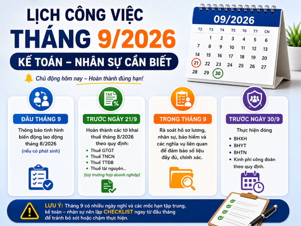 Lịch công việc tháng 9/2026: Kế toán và nhân sự cần hoàn thành những gì?