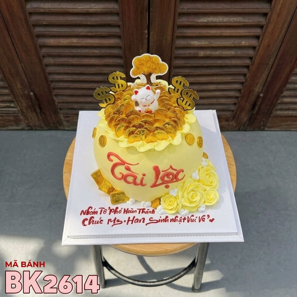 Bánh kem BK2614 mèo thần tài vàng may mắn chúc mừng sinh nhật khai trương