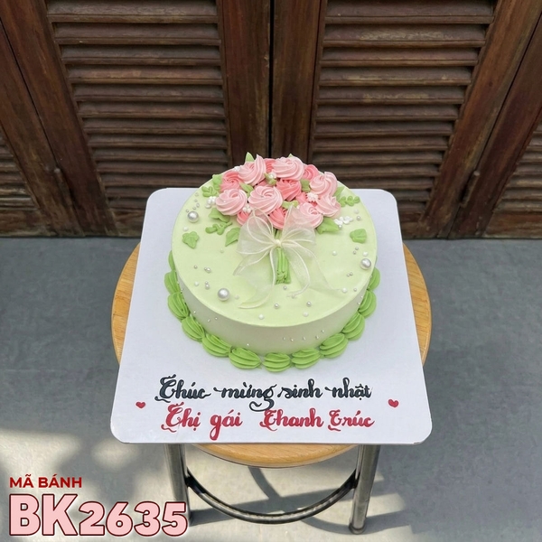 Bánh kem BK2635 đóa hoa hồng kem bơ xanh nhạt chúc mừng sinh nhật chị gái
