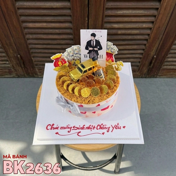 Bánh kem BK2636 ô tô vàng tiền đô sang trọng chúc mừng sinh nhật chồng yêu
