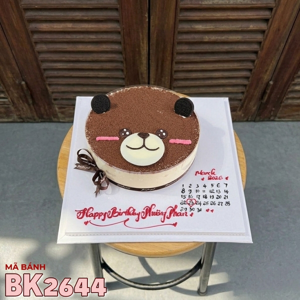 Bánh kem tiramisu BK2644 gấu brown socola vẽ lịch dễ thương mừng sinh nhật bạn nam