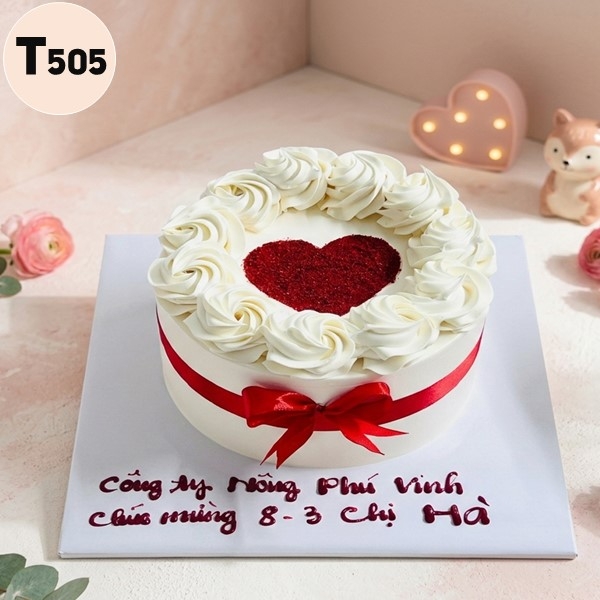Bánh kem 8/3 T505 trái tim nhung đỏ hoa kem trắng sang trọng