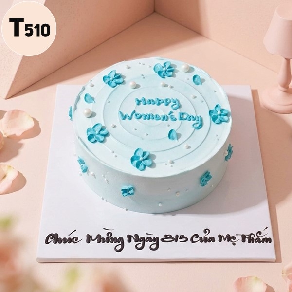 Bánh kem 8/3 T510 tone xanh pastel vẽ hoa nhí thanh tao
