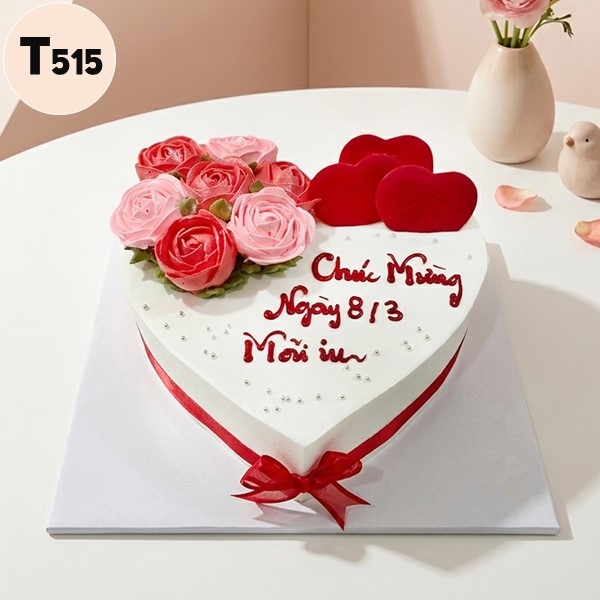 Bánh kem 8/3 T515 vườn hoa hồng trên trái tim trắng lãng mạn