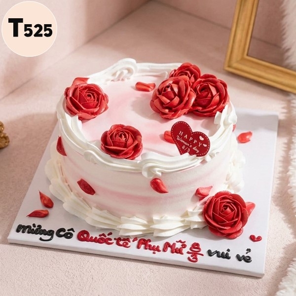 Bánh kem 8/3 T525 cốt trắng phủ hoa hồng đỏ kiêu sa rực rỡ