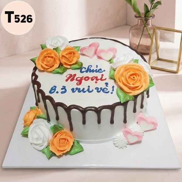Bánh kem 8/3 T526 trang trí hoa cam và socola tan chảy ngọt ngào