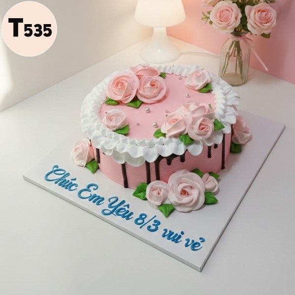 Bánh kem 8/3 T535 vườn hồng Pastel dịu dàng và sốt socola chảy