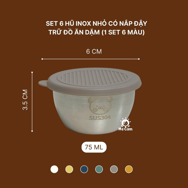 Set 6 hũ inox nhỏ có nắp đậy trữ đồ ăn dặm