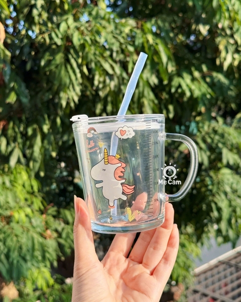 Cốc thuỷ tinh chia vạch kèm nắp + vòi cho bé uống nước, uống sữa