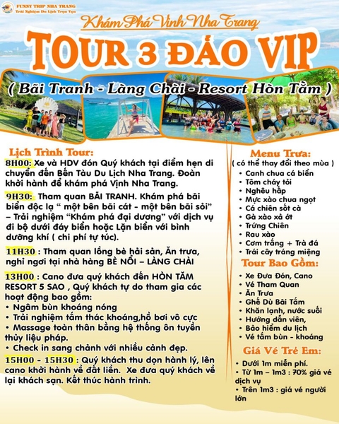 TOUR 3 ĐẢO VIP – Khám Phá Vịnh Nha Trang ( Tặng vé tắm bùn Hòn Tằm trị giá 350k + vé tham quan Vinpearl Harbour))
