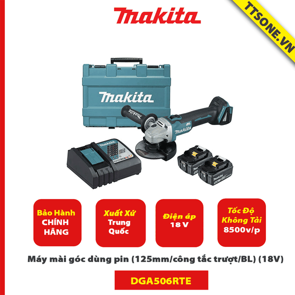 Máy mài góc dùng pin Makita DGA506RTE (125mm/công tắc trượt/BL) (18V)-Chính Hãng