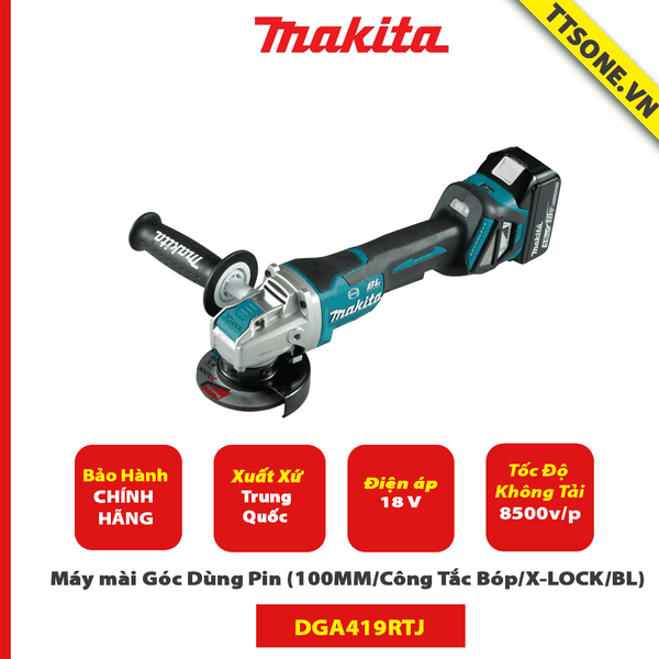 Máy mài Góc Dùng Pin Makita DGA419RTJ (100MM/Công Tắc Bóp/X-LOCK/BL)(18V)