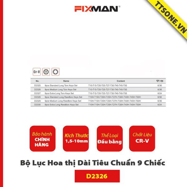 Bộ Lục Giác Hoa Thị Dài Tiêu Chuẩn 9 Chiếc  FIXMAN D2326 - Chính Hãng