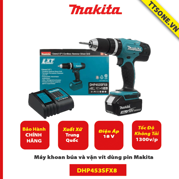 Máy khoan búa và vặn vít dùng pin Makita DHP453SFX8 ( 18V) - Chính Hãng