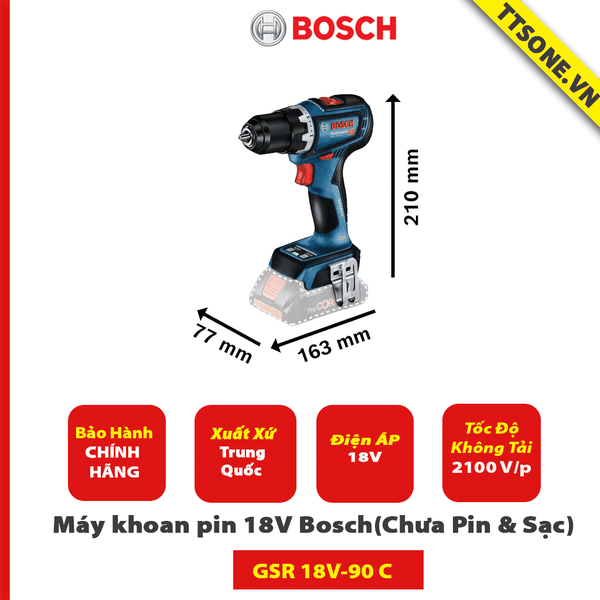 Máy khoan pin 18V Bosch GSR 18V-90 C (Chưa Pin & Sạc) - Chính Hãng