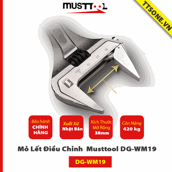 Mỏ Lết dải 0-38 mm có thước có chuôi khẩu bánh cóc 19mm ( quay tự động qua máy khoan) Musttool DG-WM19  - Chính Hãng