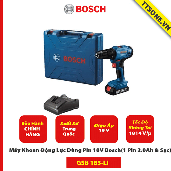 Máy Khoan Động Lực Dùng Pin 18V Bosch GSB 183-LI (1 Pin 2.0Ah & Sạc)