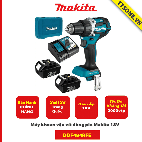 Máy khoan vặn vít dùng pin Makita DDF484RFE 18V - Chính Hãng