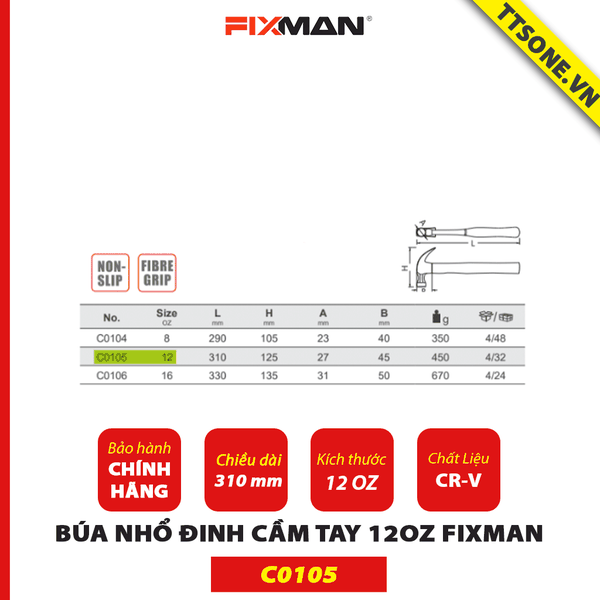 Búa Nhổ Đinh Cầm Tay 12oz FIXMAN C0105 - Chính hãng