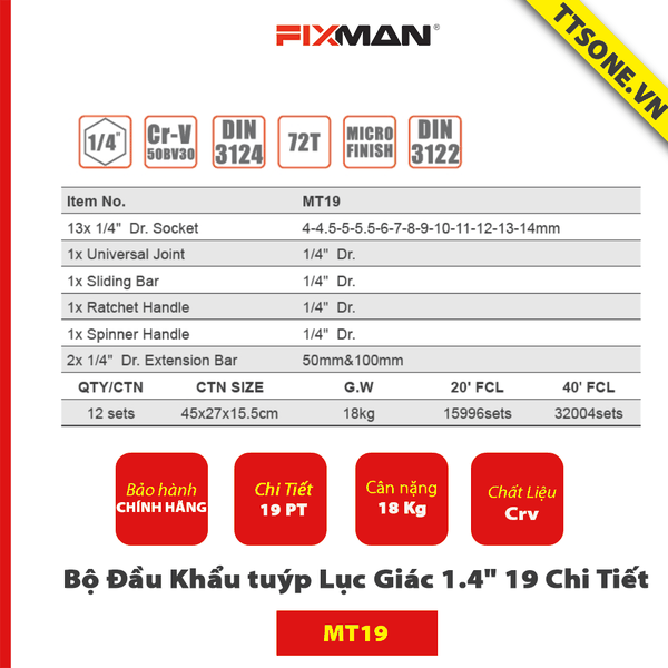 Bộ Đầu Khẩu tuýp Lục Giác 1.4" 19 Chi Tiết FIXMAN MT19 - Chính hãng