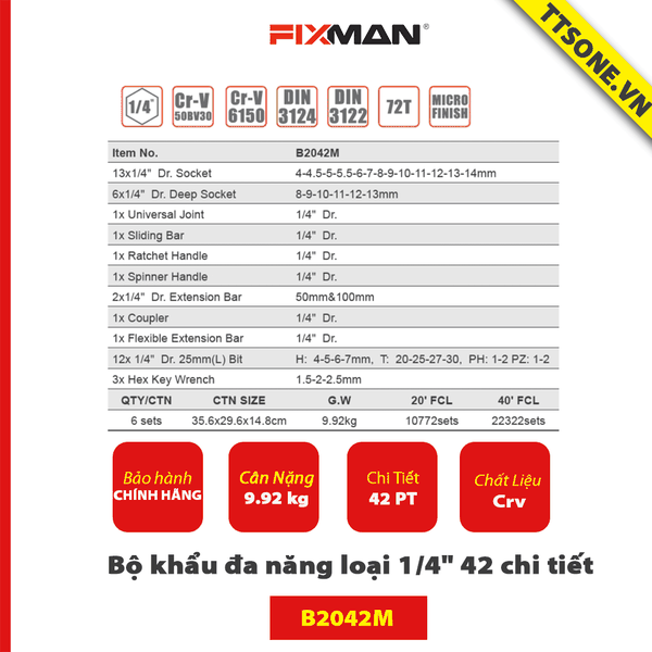 Bộ khẩu đa năng loại 1/4" 42 chi tiết FIXMAN B2042M - Chính hãng