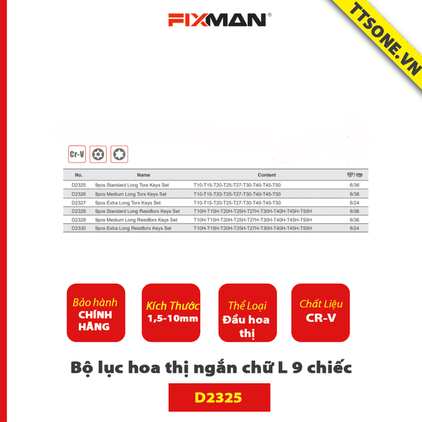 Bộ lục giác hoa thị ngắn chữ L 9 chiếc FIXMAN D2325 - Chính hãng