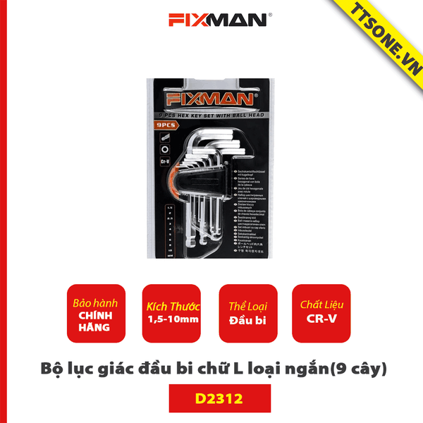 Bộ lục giác đầu bi chữ L loại ngắn(9 cây) FIXMAN D2312 - Chính hãng