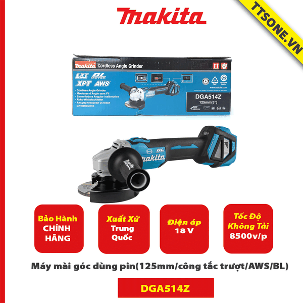 Máy mài góc dùng pin Makita DGA514Z (125mm/công tắc trượt/AWS/BL) (18V)-Chính Hãng