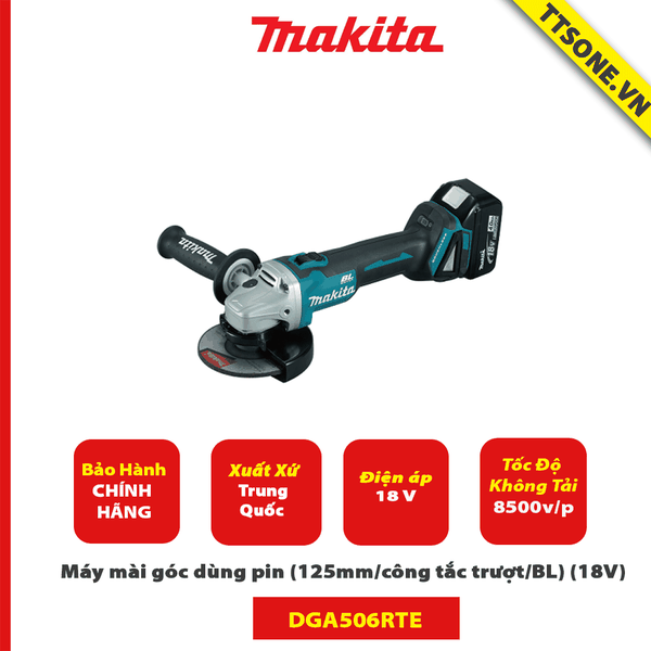 Máy mài góc dùng pin Makita DGA506RTE (125mm/công tắc trượt/BL) (18V)-Chính Hãng