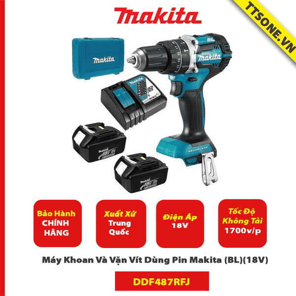 Máy Khoan Và Vặn Vít Dùng Pin Makita DDF487RFJ (BL)(18V) - Chính Hãng