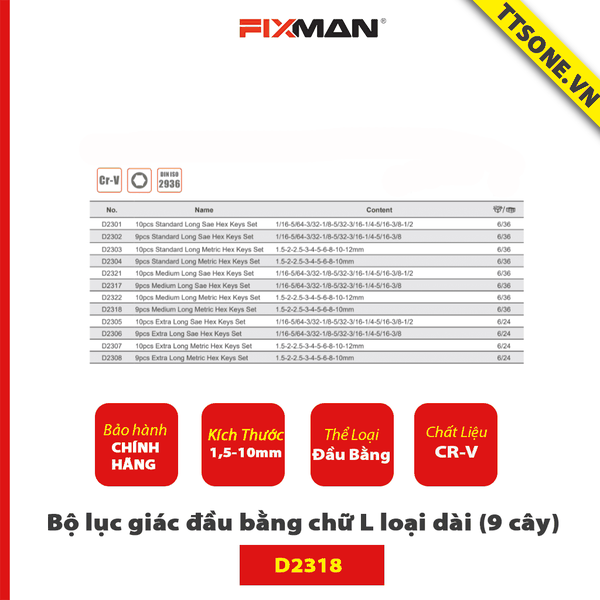 Bộ lục giác đầu bằng dài chữ L 9 cây FIXMAN D2318 - Chính hãng