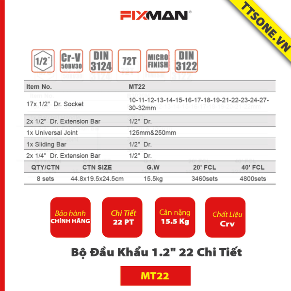 Bộ Đầu Khẩu 1.2" 22 Chi Tiết FIXMAN MT22 - Chính hãng