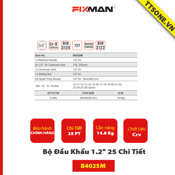 Bộ Đầu Khẩu 1.2" 25 Chi Tiết FIXMAN B4025M - Chính hãng