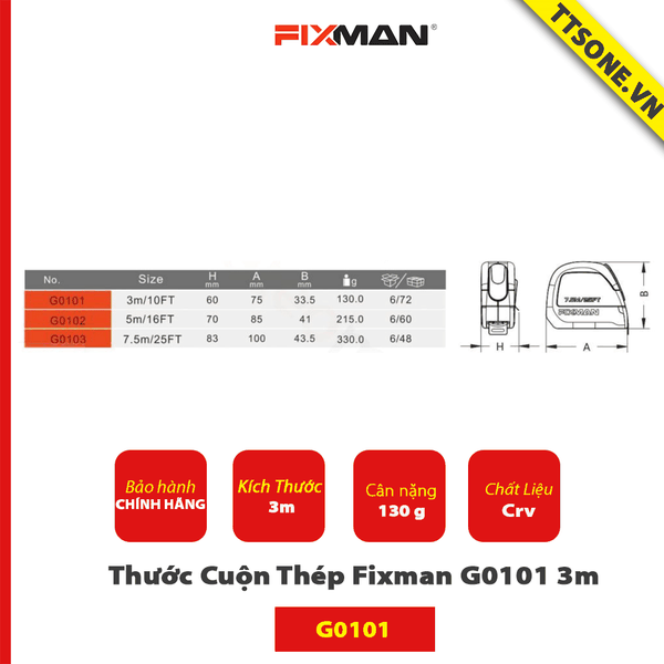 Thước Cuộn Thép Fixman G0101 3m - Chính Hãng