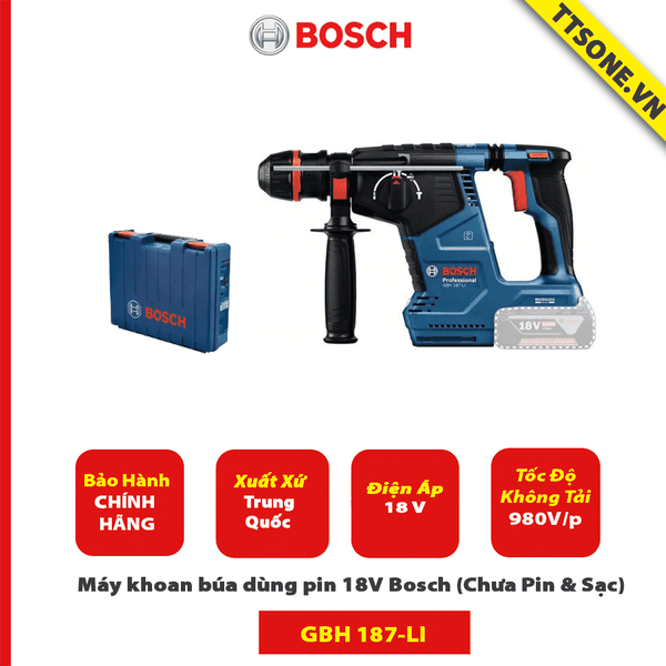 Máy khoan búa dùng pin 18V Bosch GBH 187-LI ONE CHUCK (Chưa Pin & Sạc)-Chính Hãng