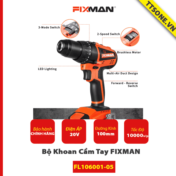 Bộ máy khoan 20V cầm tay FIXMAN FL104001-07 - Chính hãng