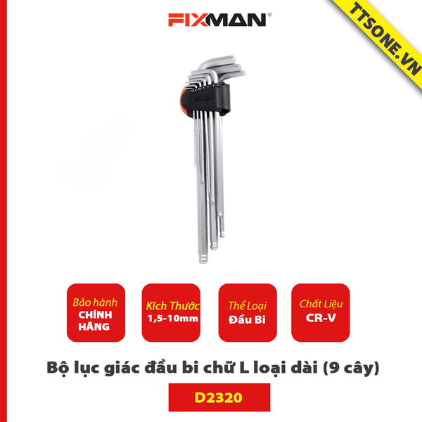 Bộ lục giác đầu bi chữ L loại dài (9 cây) FIXMAN D2320 - Chính hãng