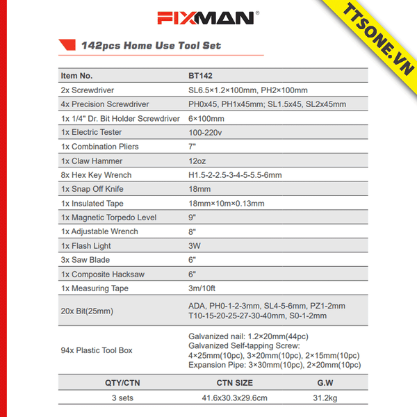Bộ Dụng Cụ Sửa Chữa Cơ Khí 142 Chi Tiết FIXMAN BT142 - Chính hãng