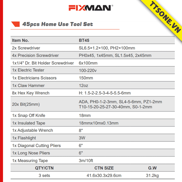 Bộ Dụng Cụ Sửa Chữa Cơ Khí 45 Chi Tiết FIXMAN BT45 - Chính hãng