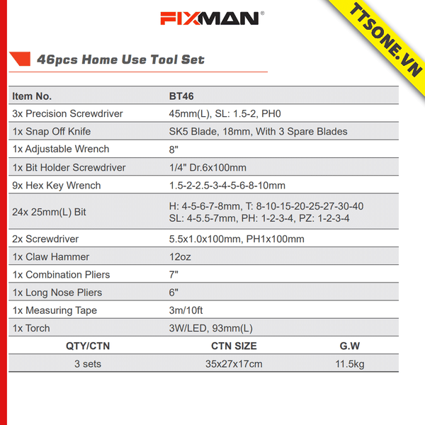 Bộ Dụng Cụ Sửa Chữa Cơ Khí 46 Chi Tiết FIXMAN BT46 - Chính hãng