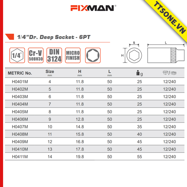 Đầu Khẩu Fixman H0405M 8mm - Chính Hãng
